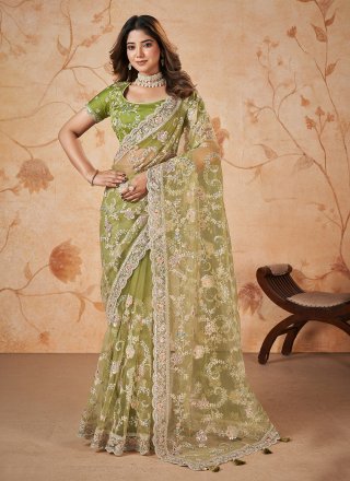 Green Net Trendy Saree with Cord, Embroidered and Sequins Work for Women