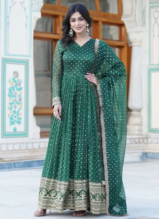 Green Nylon Gown with Embroidered and Sequins Work