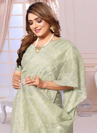 Green Organza Classic Sari with Diamond, Embroidered, Resham and Sequins Work
