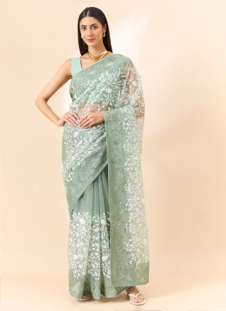 Green Organza Classic Sari with Embroidered and Floral Patch Work
