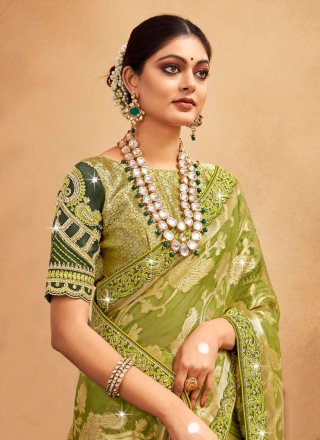 Green Organza Classic Sari with Patch Border and Weaving Work for Women