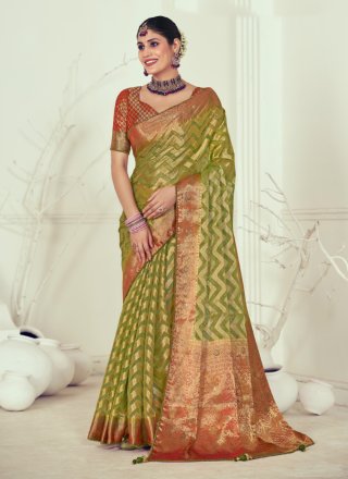 Green Organza Contemporary Sari with Weaving Work