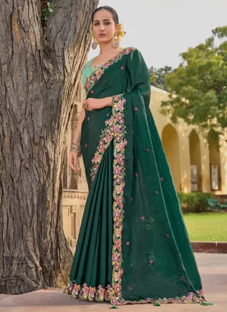 Green Organza Cut, Embroidered and Sequins Work Trendy Saree
