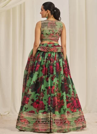 Green Organza Dori, Print, Sequins and Zari Work Lehenga Choli for Women