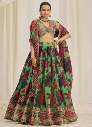 Green Organza Dori, Print, Sequins and Zari Work Lehenga Choli for Women
