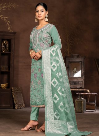 Green Organza Embroidered and Hand Work Pant Style Suit