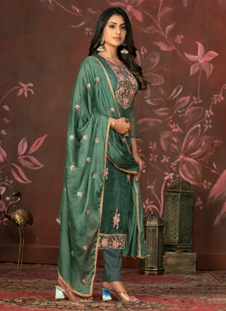 Green Organza Embroidered and Hand Work Salwar Suit