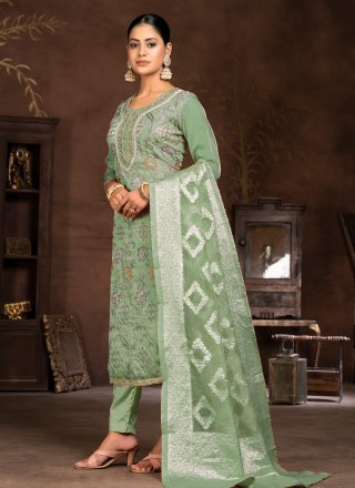 Green Organza Embroidered and Hand Work Trendy Suit for Women