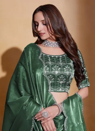 Green Organza Embroidered and Sequins Work A - Line Lehenga Choli