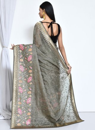 Green Organza Embroidered and Thread Work Trendy Saree