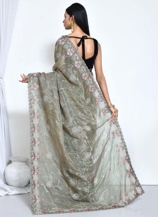 Green Organza Embroidered, Sequins and Stone Work Trendy Saree