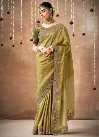 Green Organza Embroidered Work Contemporary Sari
