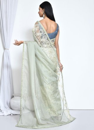 Green Organza Embroidered Work Trendy Saree for Ceremonial