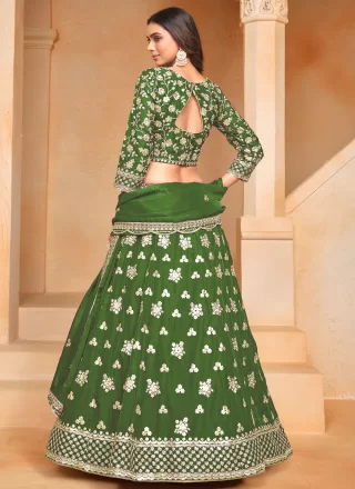 Green Organza Lehenga Choli with Embroidered, Sequins and Thread Work for Women