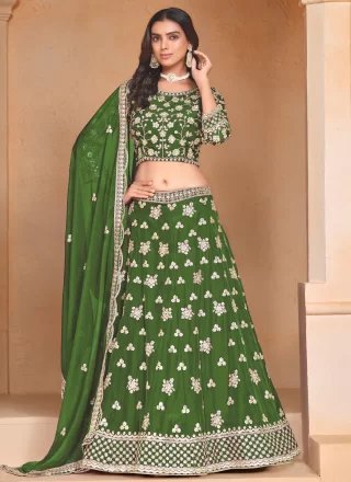 Green Organza Lehenga Choli with Embroidered, Sequins and Thread Work for Women