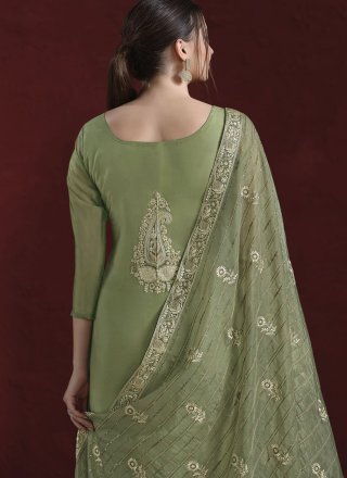 Green Organza Pant Style Suit with Embroidered and Zari Work