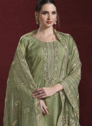 Green Organza Pant Style Suit with Embroidered and Zari Work