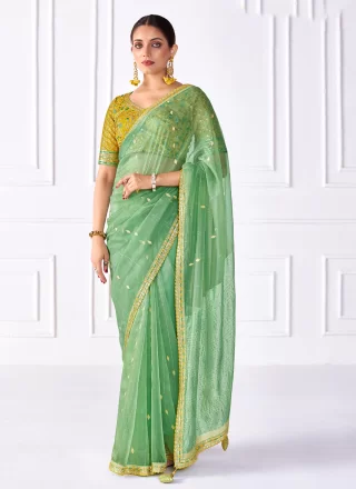 Green Organza Patch Border, Embroidered and Woven Work Classic Saree for Engagement