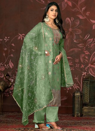 Green Organza Salwar Suit with Hand and Woven Work