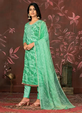 Green Organza Trendy Suit with Hand and Woven Work