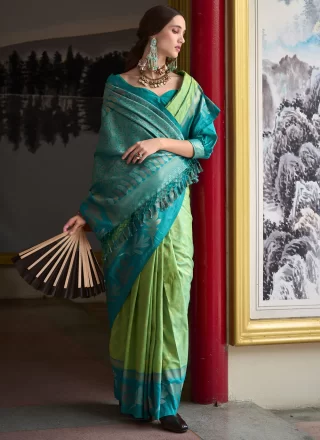 Green Patch Border and Weaving Work Banarasi Silk Contemporary Sari