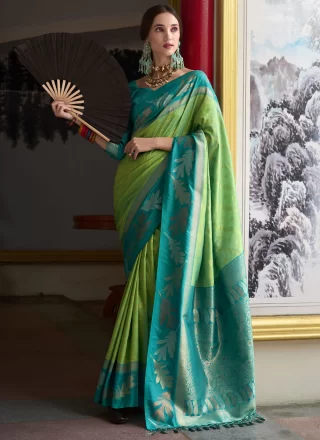 Green Patch Border and Weaving Work Banarasi Silk Contemporary Sari