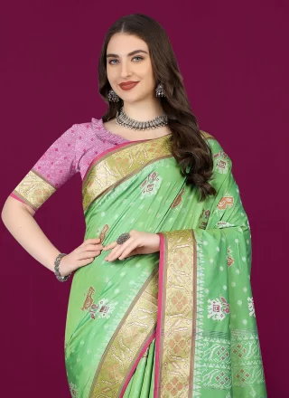 Green Patola Silk Contemporary Saree with Meenakari and Weaving Work for Ceremonial