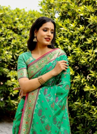 Green Patola Silk Designer Saree with Weaving Work for Ceremonial