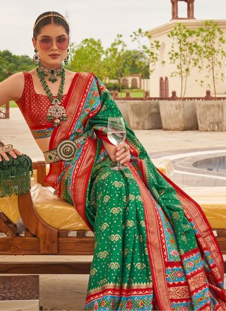Green Patola Silk Patola Print Work Contemporary Sari for Ceremonial