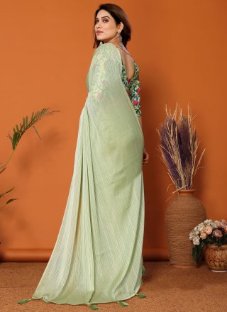 Green Plain Work Polyester Contemporary Sari