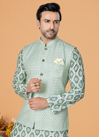 Green Polyester Print Work Nehru Jackets for Ceremonial
