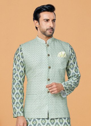 Green Polyester Print Work Nehru Jackets for Ceremonial