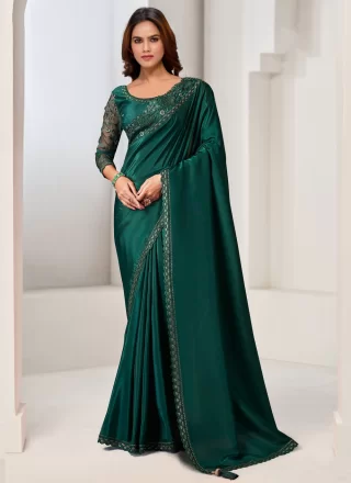 Green Pure Crepe Patch Border Work Contemporary Sari for Women