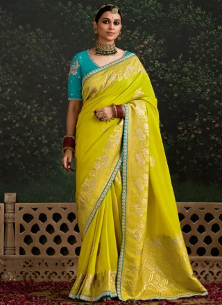 Green Pure Dola Patch Border, Embroidered, Sequins and Zari Work Trendy Saree for Women