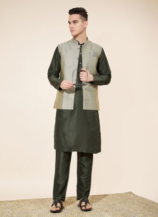 Green Pure Silk Jacquard and Pintex Work Kurta Payjama with Jacket