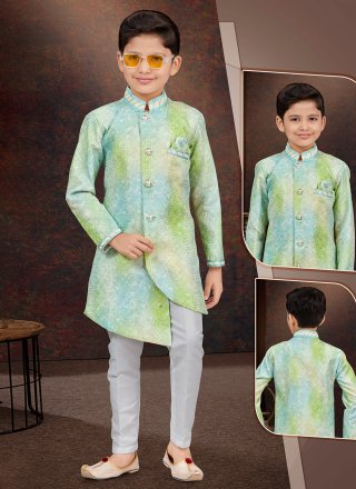 Green Pure Silk Sherwani Kids Wear with Digital Print, Machine Embroidery and Sequins Work for Festival