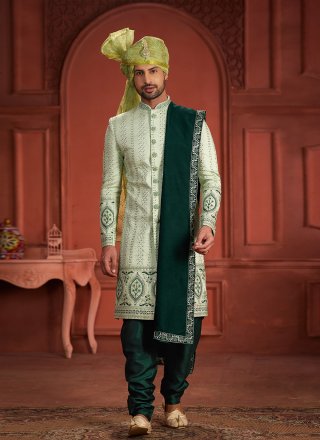 Green Pure Silk Sherwani Mens Wear