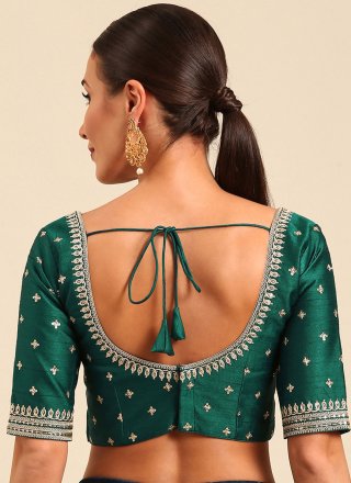 Green Raw Silk Embroidered Work Blouse for Women