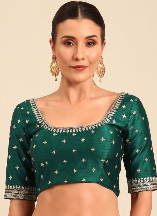 Green Raw Silk Embroidered Work Blouse for Women