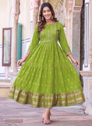 Green Rayon  Designer Gown with Digital Print Work
