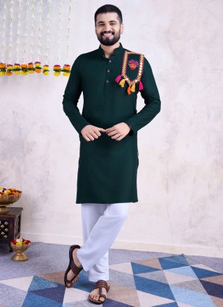 Green Rayon Embroidered and Mirror Work Kurta Mens Wear