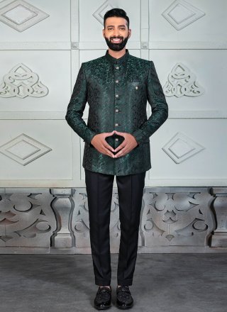 Green Rayon Jacquard Work Jodhpuri Suit