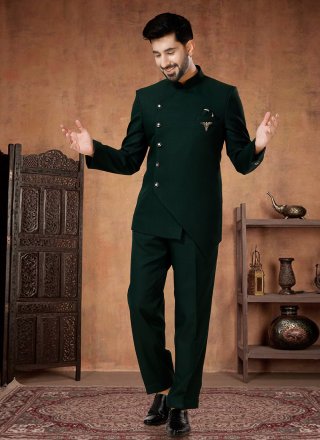 Green Rayon Jodhpuri Suit with Buttons Work for Engagement
