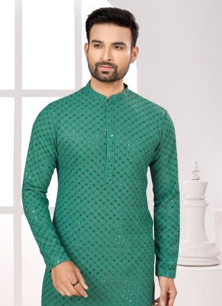 Green Rayon Kurta Pyjama with Fancy and Sequins Work for Ceremonial