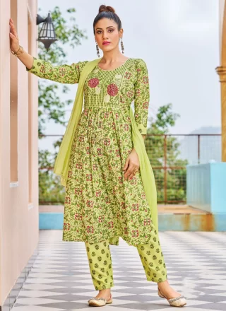 Green Rayon Salwar Suit with Digital Print and Embroidered Work