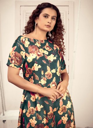 Green Satin Casual Kurti with Floral Patch Work for Ceremonial