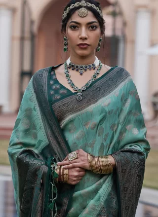 Green Satin Contemporary Sari with Weaving Work for Ceremonial