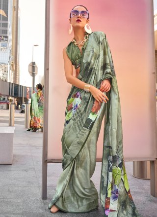 Green Satin Digital Print Work Contemporary Saree for Women