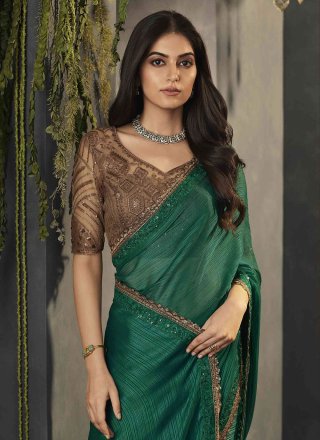 Green Satin Patch Border Work Contemporary Saree for Ceremonial