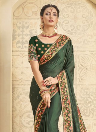 Green Satin Silk Classic Sari